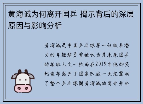 黄海诚为何离开国乒 揭示背后的深层原因与影响分析